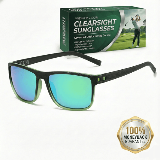 Premier Vision Clearsight Sunglasses with a black frame and green-tinted mirrored lenses, shown in front of their green retail packaging box on a white background, with a gold '100% Moneyback Guarantee' badge in the bottom right corner.