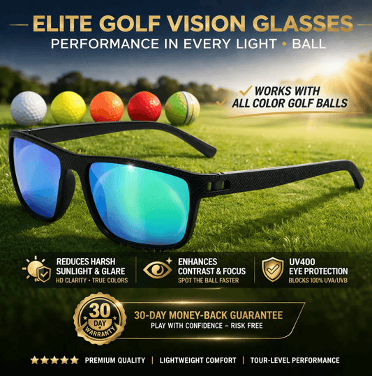 Black golf vision sunglasses with blue mirrored lenses shown on a golf course background, with golf balls and promotional text overlays.