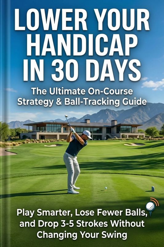A book or digital guide cover titled "LOWER YOUR HANDICAP IN 30 DAYS" with a golf course scene showing a golfer mid-swing, mountains in the background, and large promotional text. Visible text also includes "The Ultimate On-Course Strategy & Ball-Tracking Guide" and "Exclusive Digital Guide by Privethings Golf.