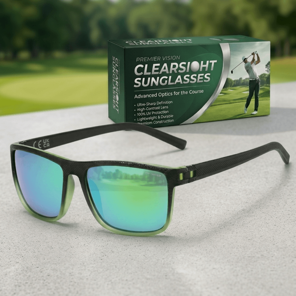 Premier Vision Clearsight Sunglasses shown in front of their retail packaging box, set on a light gray stone surface with a blurred green golf course background.